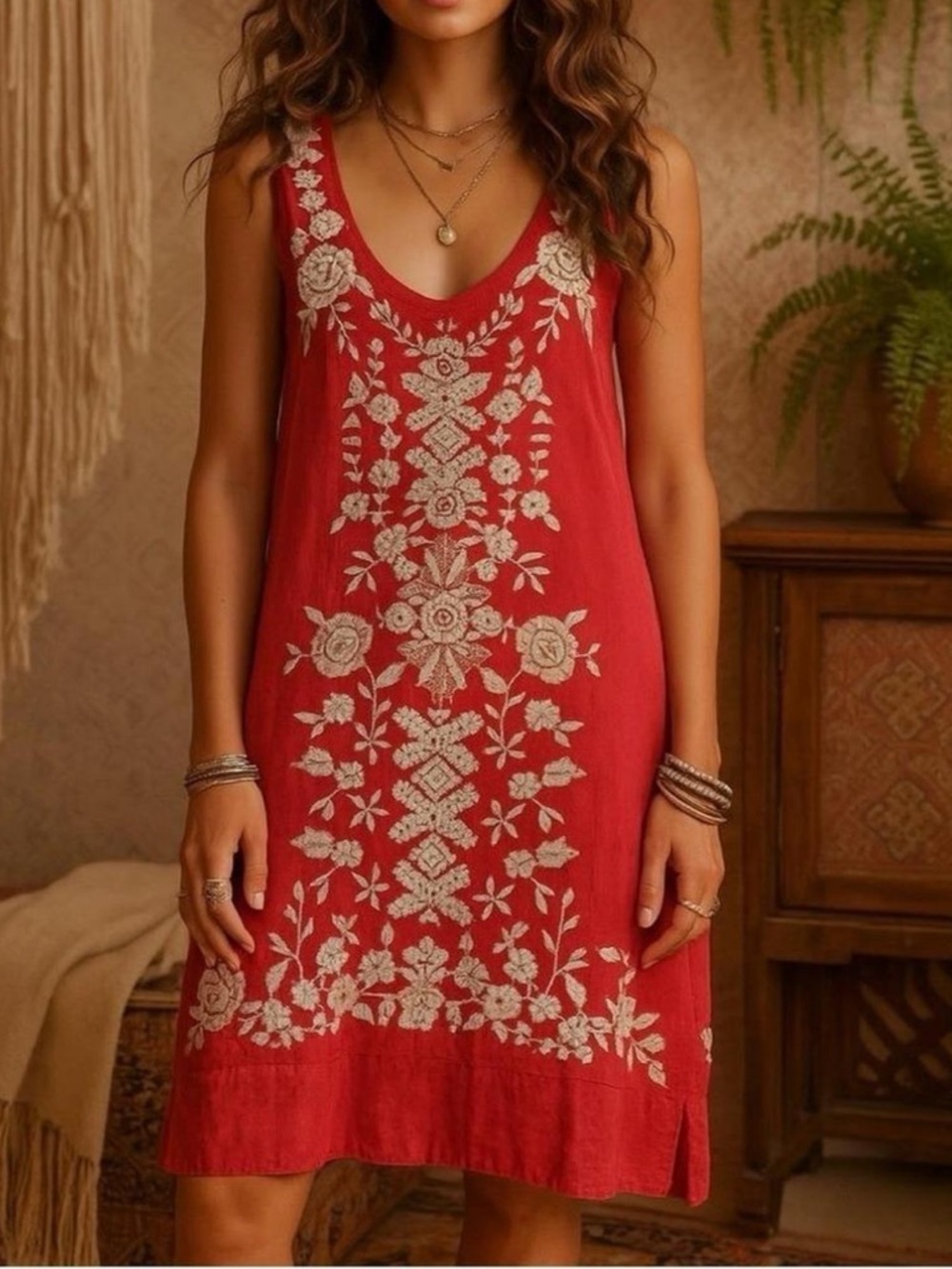 Johnny Was JWLA Linen Aoko Embroidered Tunic Mini Dress Red Medium $230